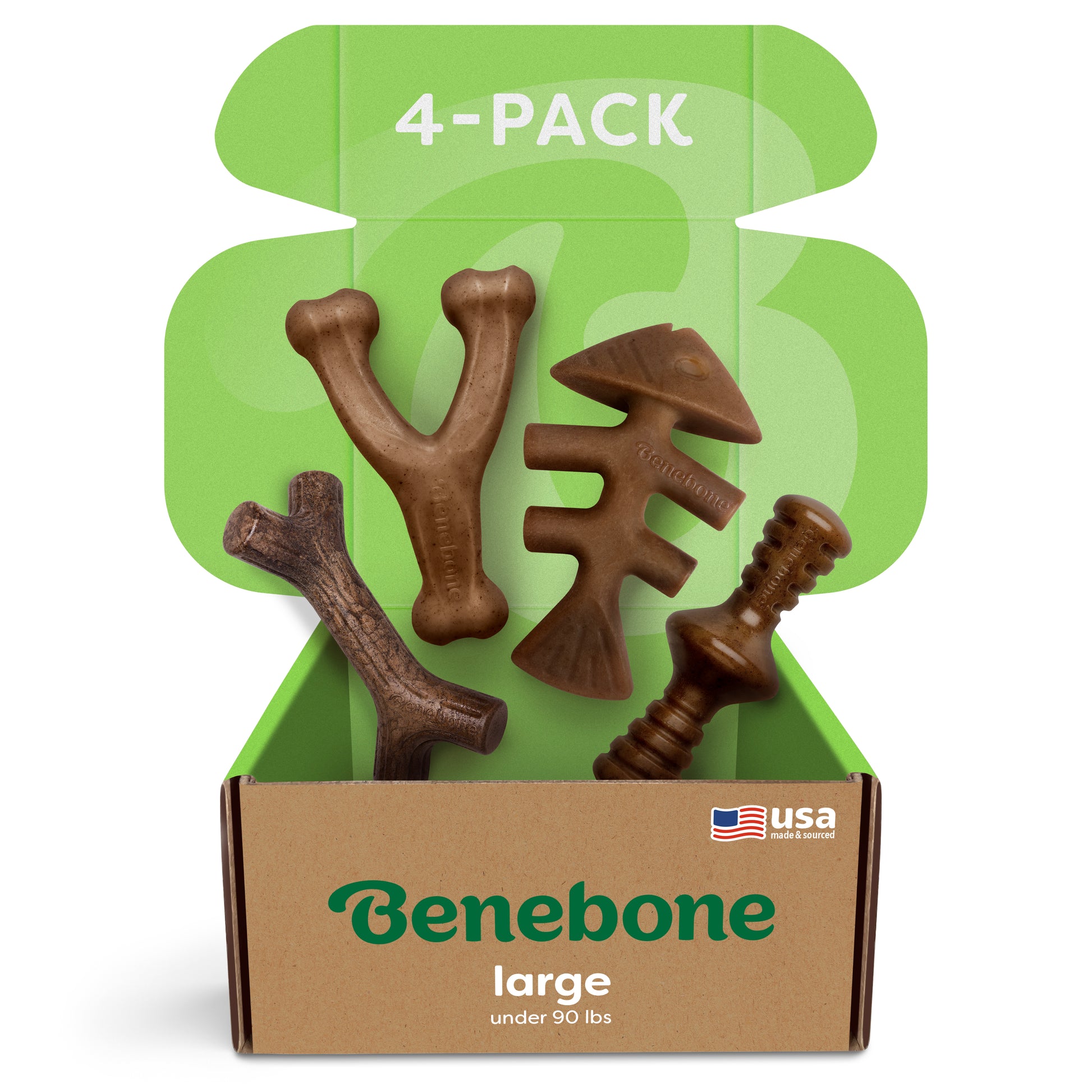 A four pack of Benebones in a box that consists of the Stick, Wishbone, Fishbone and Zaggler.