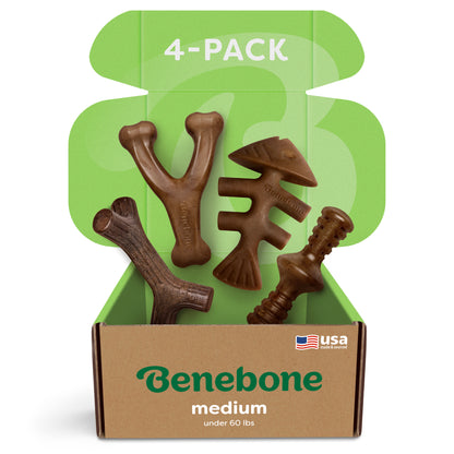 A four pack of Benebones in a box that consists of the Stick, Wishbone, Fishbone and Zaggler.