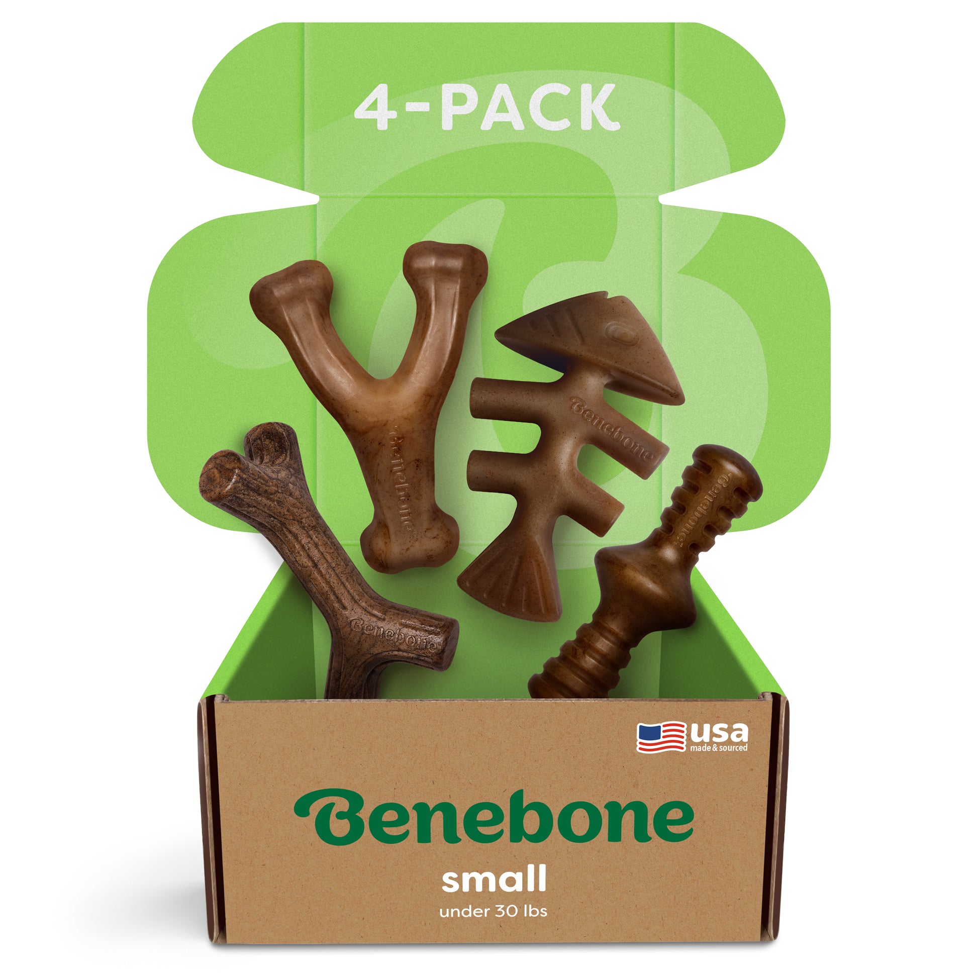 A four pack of Benebones in a box that consists of the Stick, Wishbone, Fishbone and Zaggler.