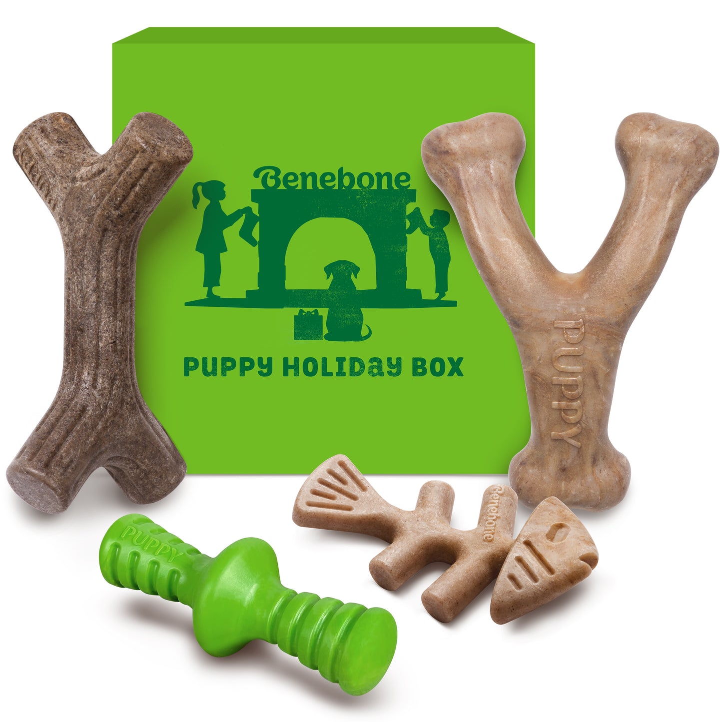 Benebone box with 4 Benebones. Text reads: Benebone Puppy holiday box.