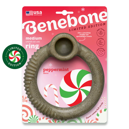 Benebone Peppermint ring bone in packaging. Text reads: Benebone USA made and sourced. Limited edition.  Like a stocking stuffer for spreadable treats. Medium under 60 LBS. Peppermint flavor comes full circle.