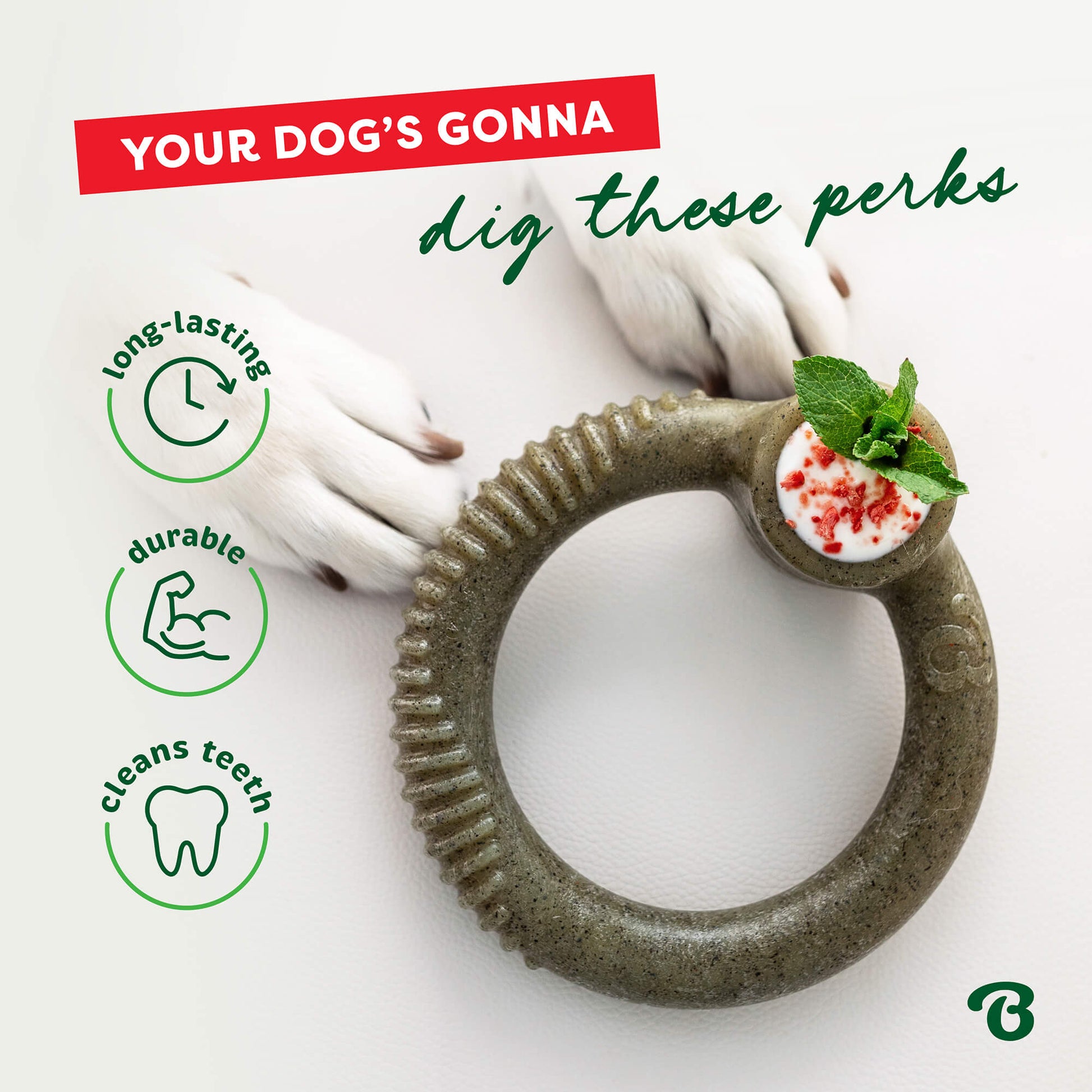 Peppermint Ring Bone with peppermint in the hole of the bone. Text reads: Your dog’s gonna dig these perks. Long lasting, durable, cleans teeth.