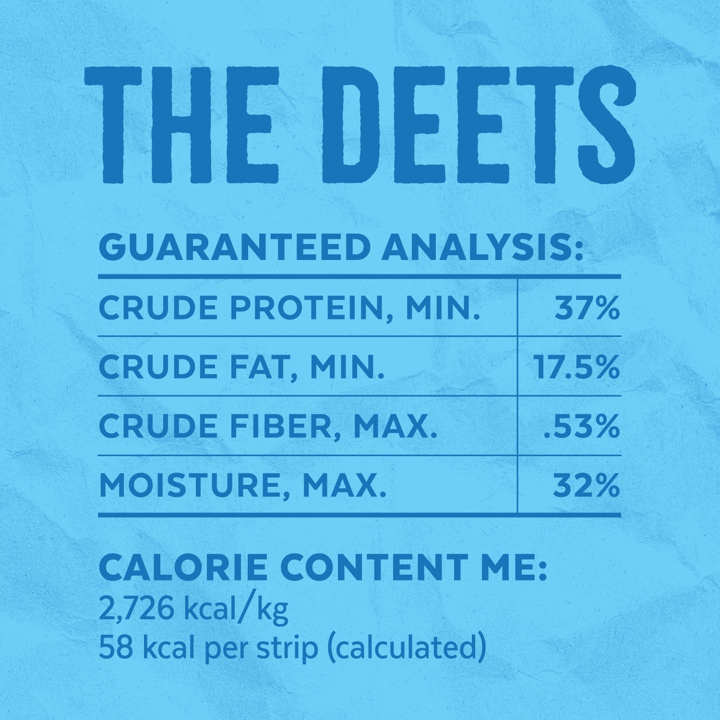 The Deets — Calorie Content ME: 2,726 kcal/kg, 58 kcal per strip (calculated). Guaranteed Analysis: Crude Protein, MIN. = 37% | Crude Fat, MIN. = 17.5% | Crude Fiber, MAX. = 0.53% | Moisture, MAX. = 32%