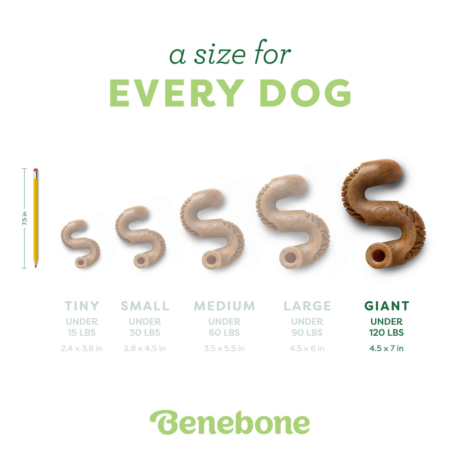 Image shows all tripe sizes next to each other. Text reads a size for every dog. Giant under 120 lbs, 4.5 x 7 in