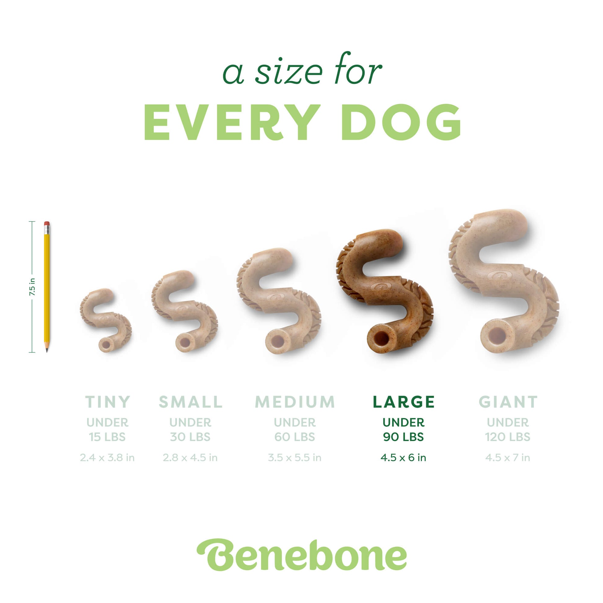 Image shows all tripe sizes next to each other. Text reads a size for every dog. Large under 90 lbs, 4.5 x 6 in