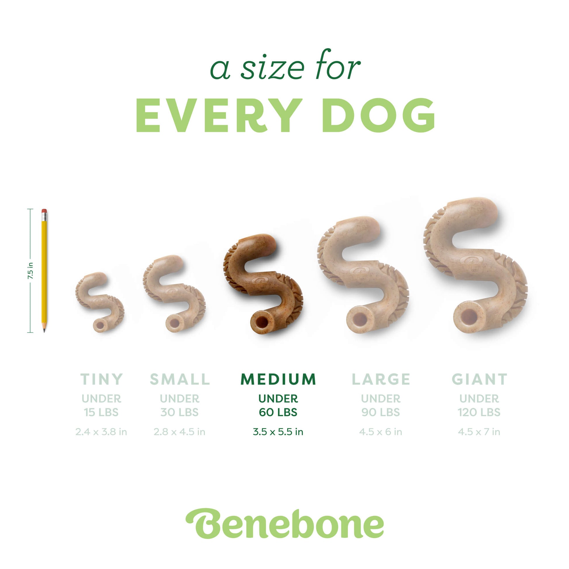 Image shows all tripe sizes next to each other. Text reads a size for every dog. Medium under 90 lbs, 3.5 x 5.5 in