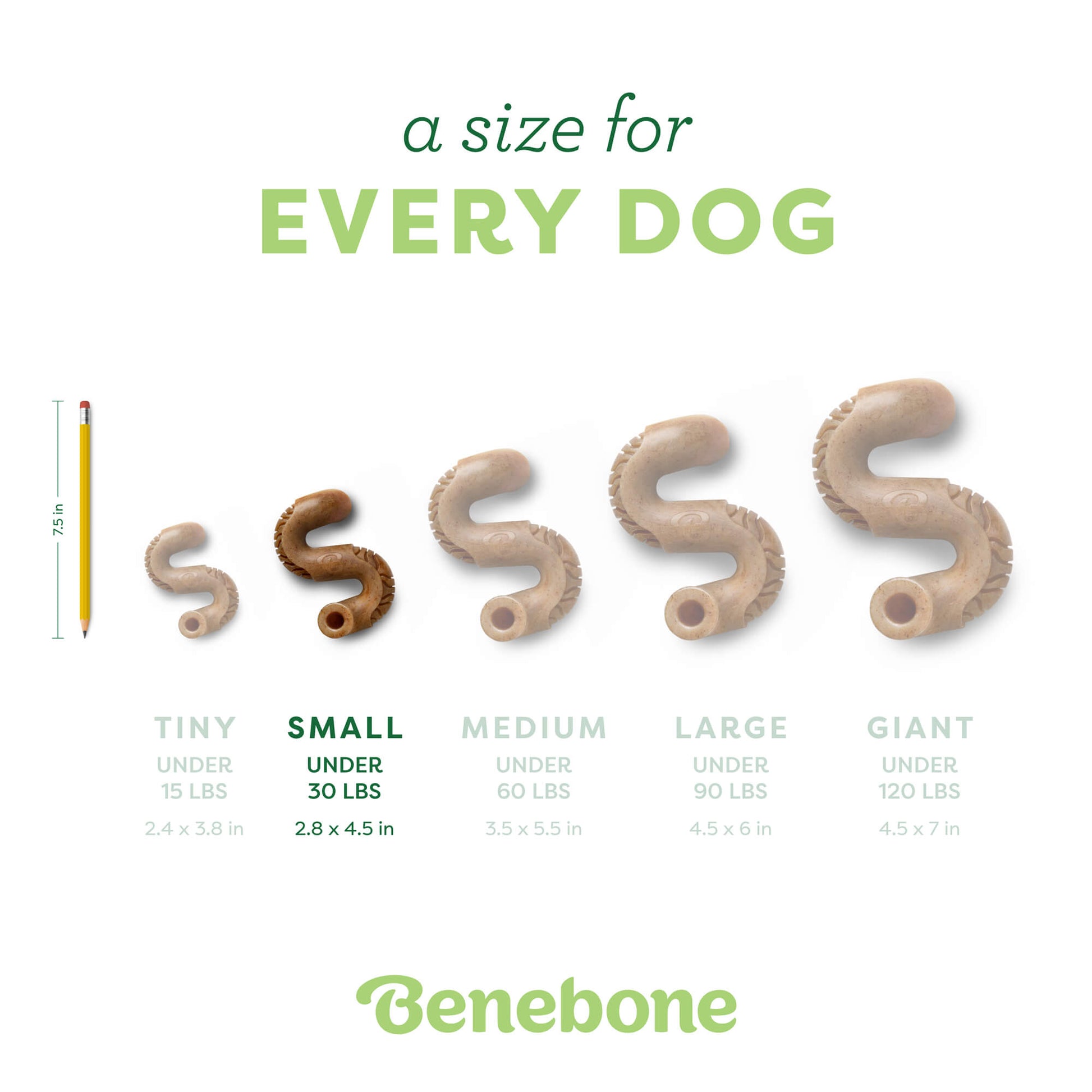 Image shows all tripe sizes next to each other. Text reads a size for every dog. Small under 90 lbs, 2.8 x 4.5 in