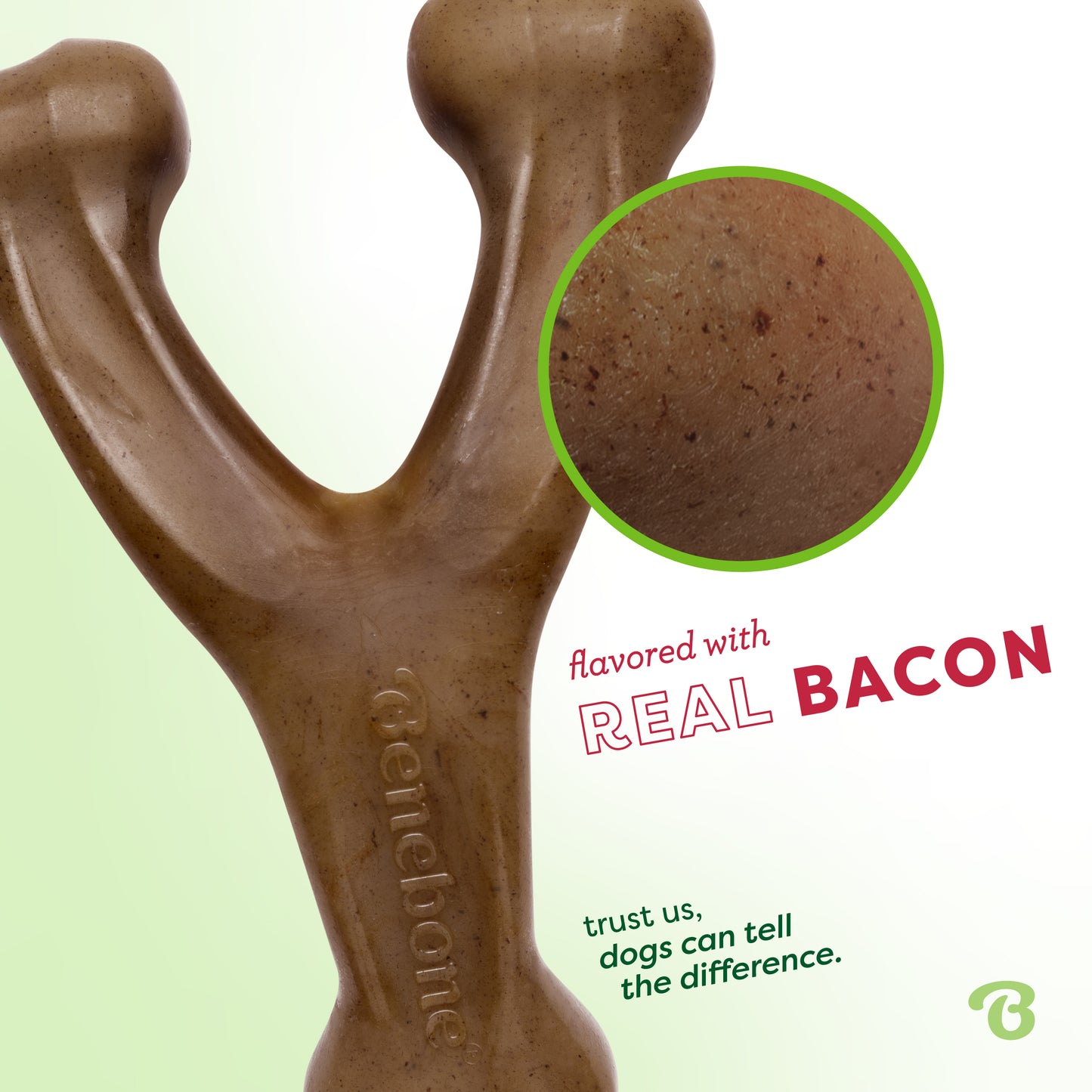 Flavored with real bacon. Trust us, dogs can tell the difference. Close up of Benebone bacon wishbone.