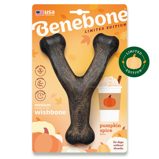 Benebone limited-edition Pumpkin Spice Wishbone. The orange packaging is festive and fall, embossed with pumpkins and a pumpkin spice latte.